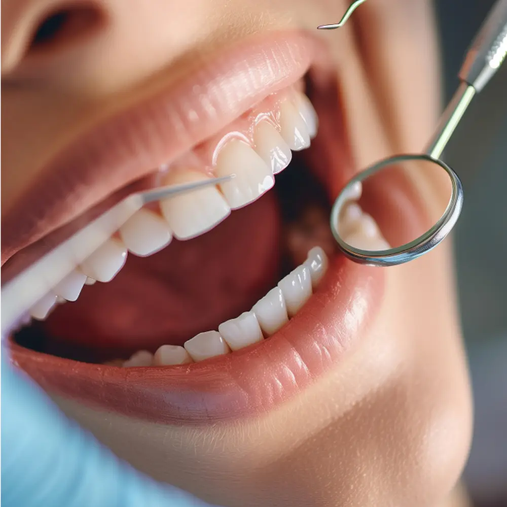 Close-up of a person's open mouth during a dental check-up with a mirror and dental tools, focusing on teeth and gums.