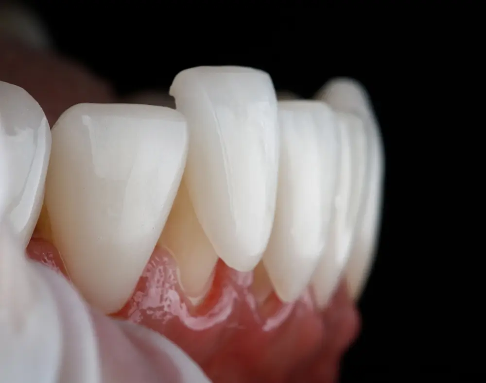 Close-up of upper teeth and gums with healthy white teeth against a black background.