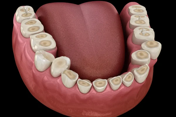 Lower jaw teeth with severe decay and damaged crown, showing the dental pulp and decay affecting multiple teeth.