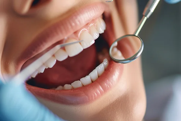 Close-up of a person undergoing a dental examination, showing open mouth, teeth, tongue, and dental tools with a dentist's gloved hand.
