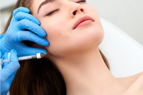 Woman with closed eyes receiving a cosmetic injection in her face by a medical professional wearing blue gloves.