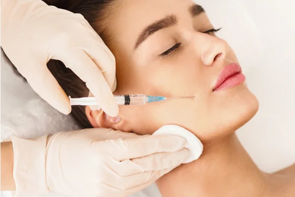 A woman receives a facial injection from a medical professional wearing gloves, with her eyes closed and a peaceful expression.