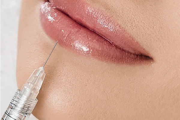 Close-up of a woman’s lips being injected with a cosmetic filler, showing the needle and plump, glossy lips.