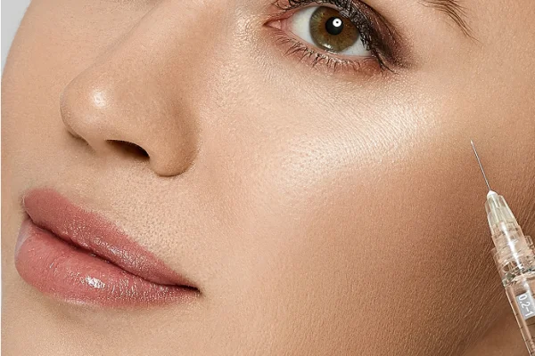 Close-up of a woman with clear skin and brown eyes, holding a syringe near her face, suggesting a cosmetic or aesthetic procedure.