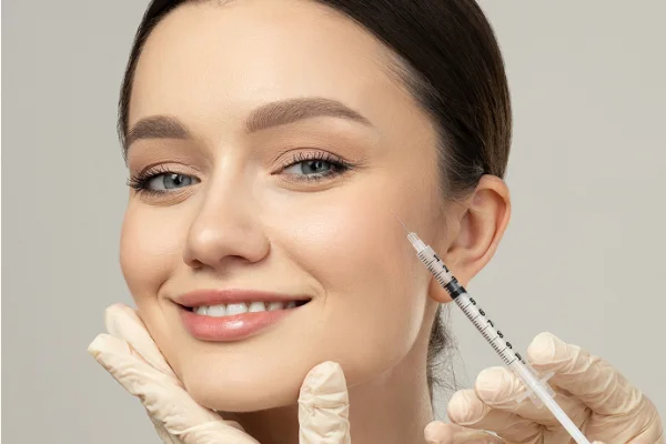 A woman receives a facial injection with a syringe, smiling gently, as a gloved hand holds her chin for support against a plain light background.