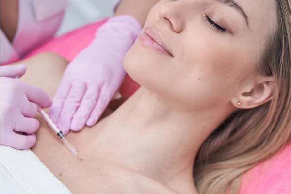 Woman receiving a cosmetic injection on her chest with healthcare professional wearing pink gloves supporting her head.