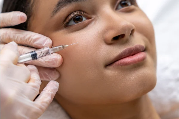 Close-up of a woman receiving a facial treatment with a syringe near her cheek, lying down with a serene expression and a medical professional wearing gloves.
