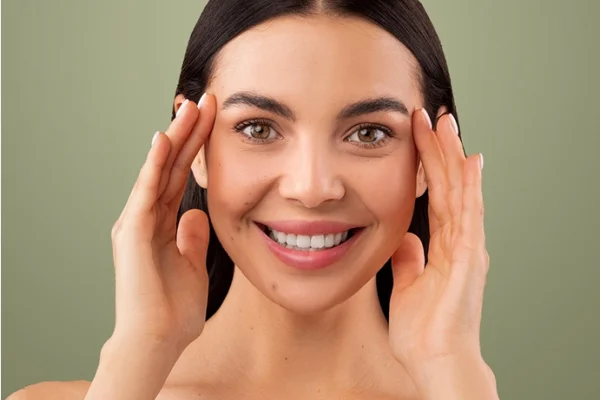 A woman with dark hair smiling and touching her temples against a plain green background.