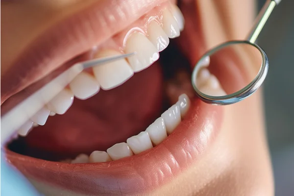 Close-up of a person's open mouth during a dental check-up with a mirror and dental tools, focusing on teeth and gums.
